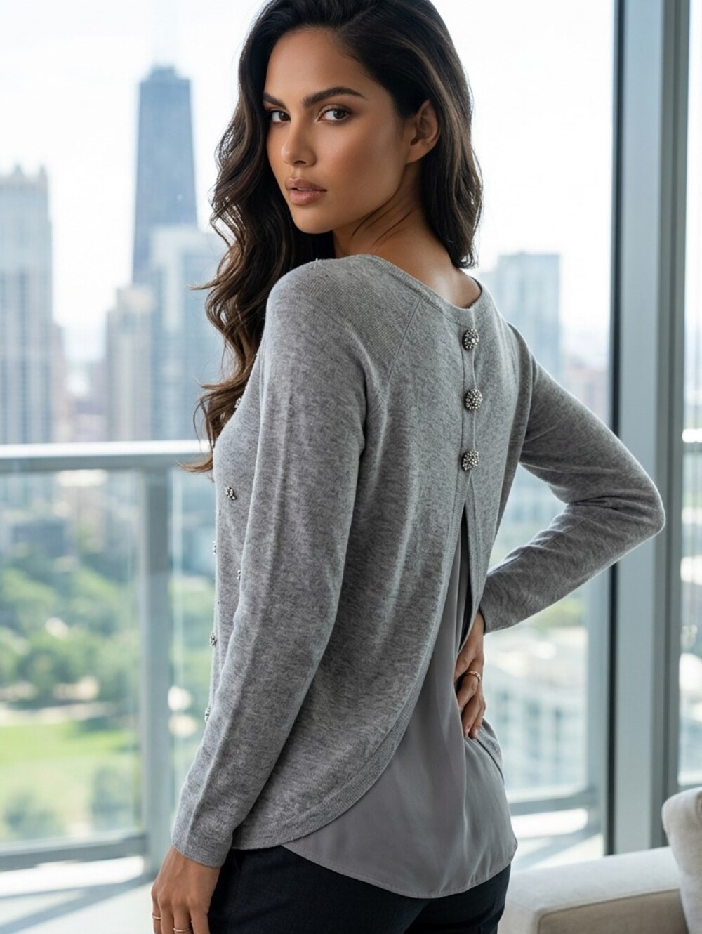 II Sisters Gray Angora Sweater S Rhinestone Jeweled Tulip Back Chiffon Layer Top